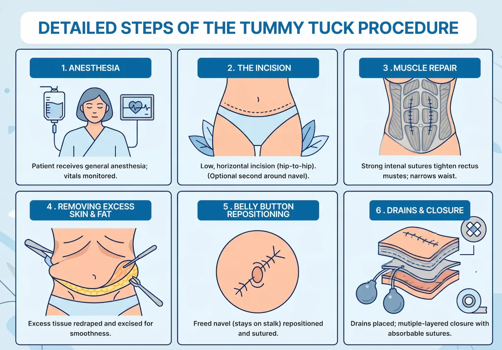 What are the detailed steps of the tummy tuck procedure?